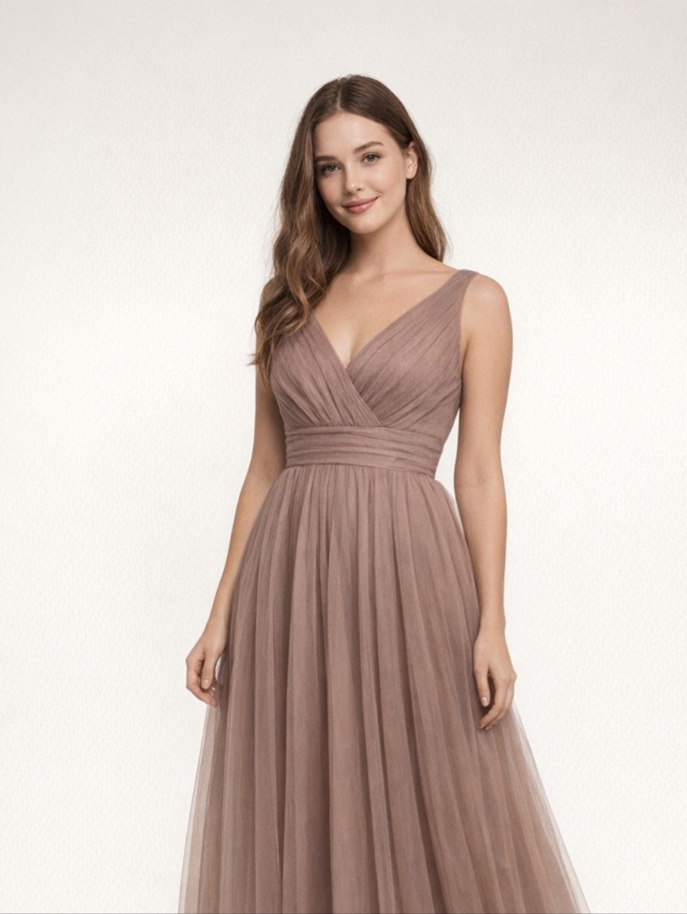 Maniju Beige Tulle V-Neck Maxi Dress Boho Romantic Formal Gown Size S